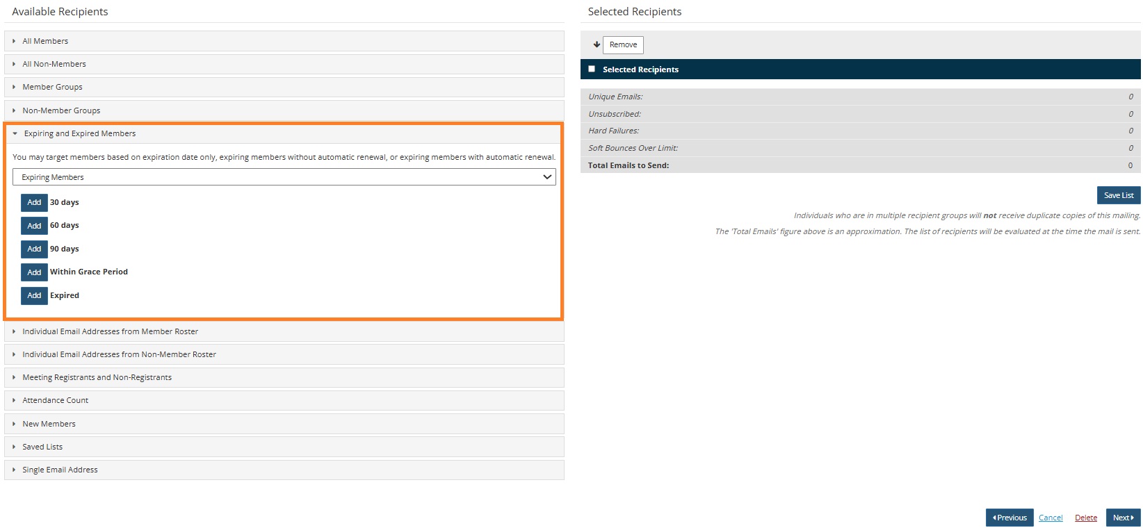 Create New Dues - Select Recipients